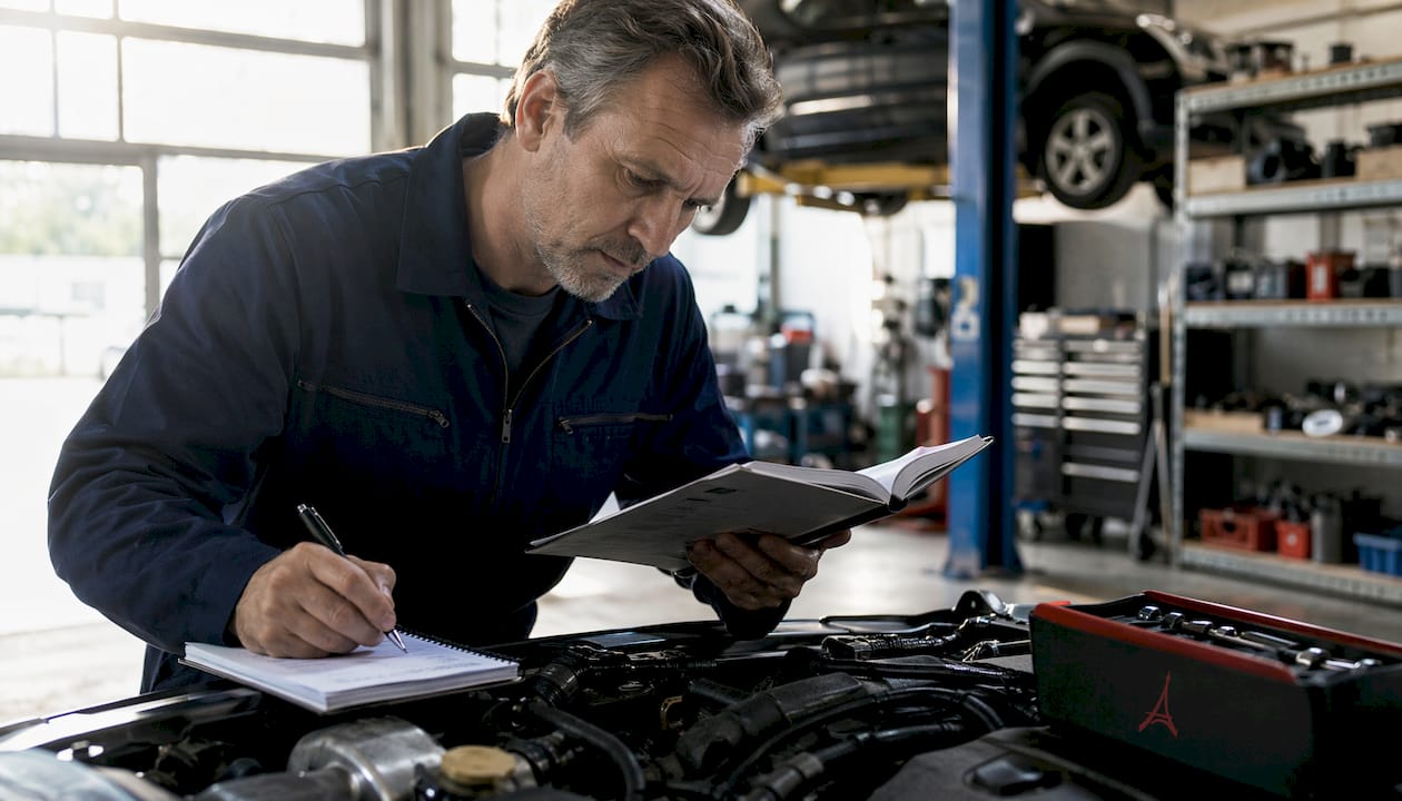 Un technicien effectue un contrôle avec un appareil de diagnostic dans un atelier automobile.