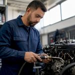 Un mécanicien procède au décalaminage d’un moteur diesel.