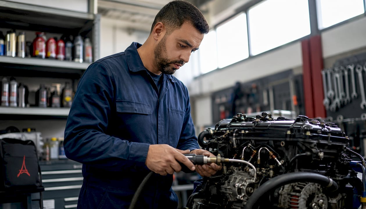 Un mécanicien procède au décalaminage d’un moteur diesel.