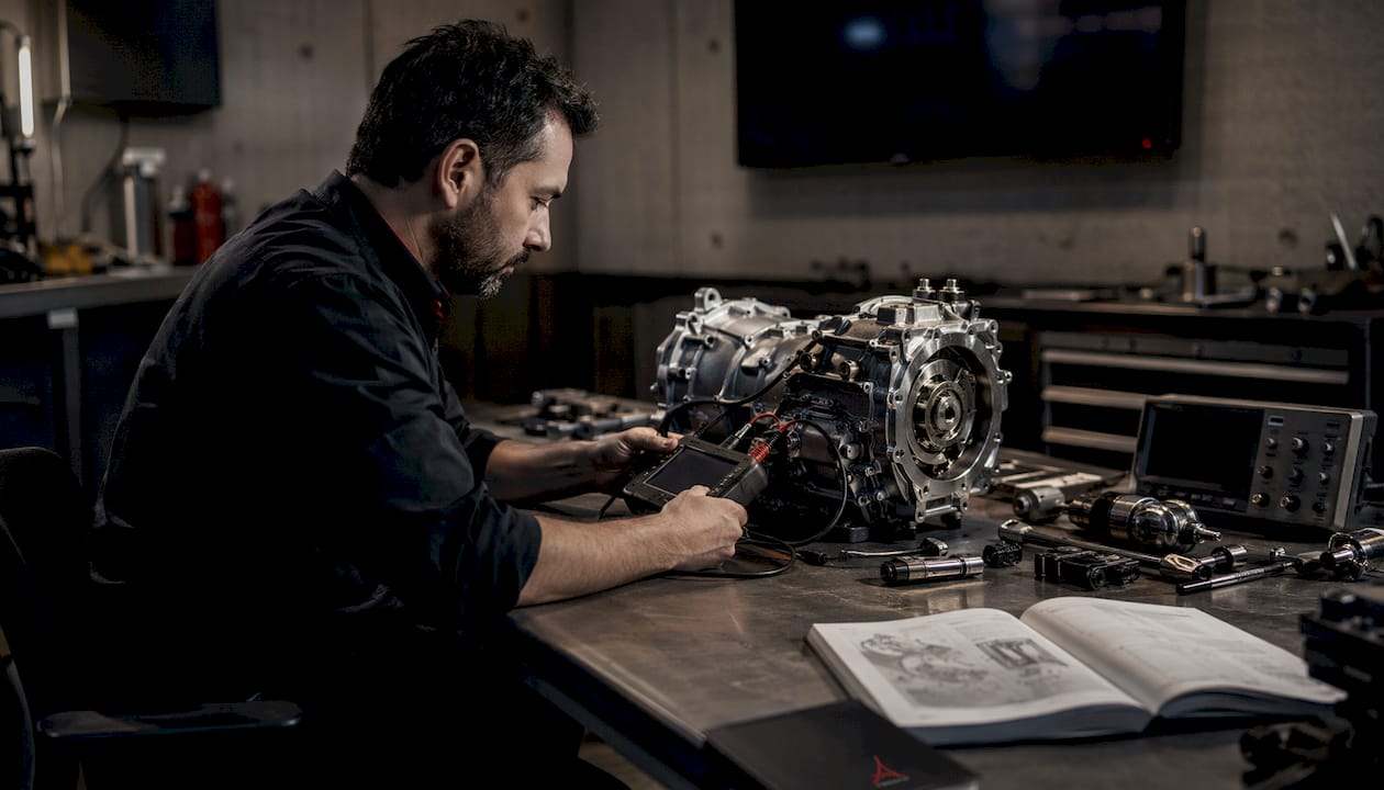 Un technicien s’occupe de la reprogrammation d’un boîtier TCU directement en atelier.