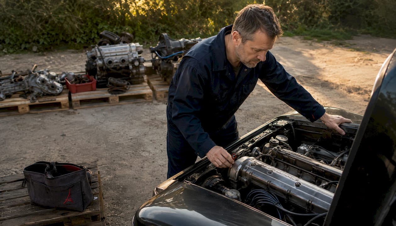 Un mécanicien inspecte attentivement le moteur d’un véhicule, capot relevé, dans l’atelier.