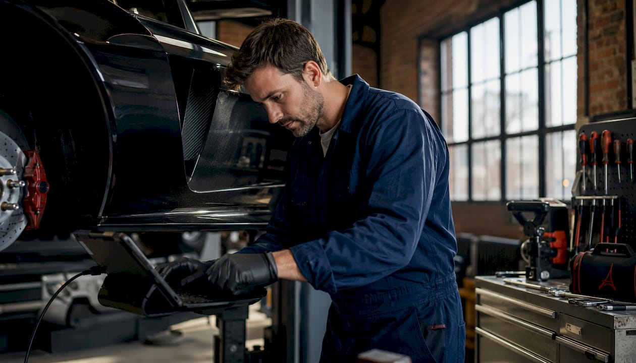 Un technicien en train d’intervenir sur la reprogrammation d’un moteur dans son atelier.