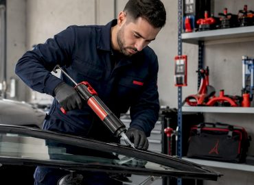 1785146587933_Technicien-posant-colle-sur-pare-brise-en-atelier Un technicien applique soigneusement de la colle sur un pare-brise dans l’atelier, préparant ainsi la pose du vitrage.