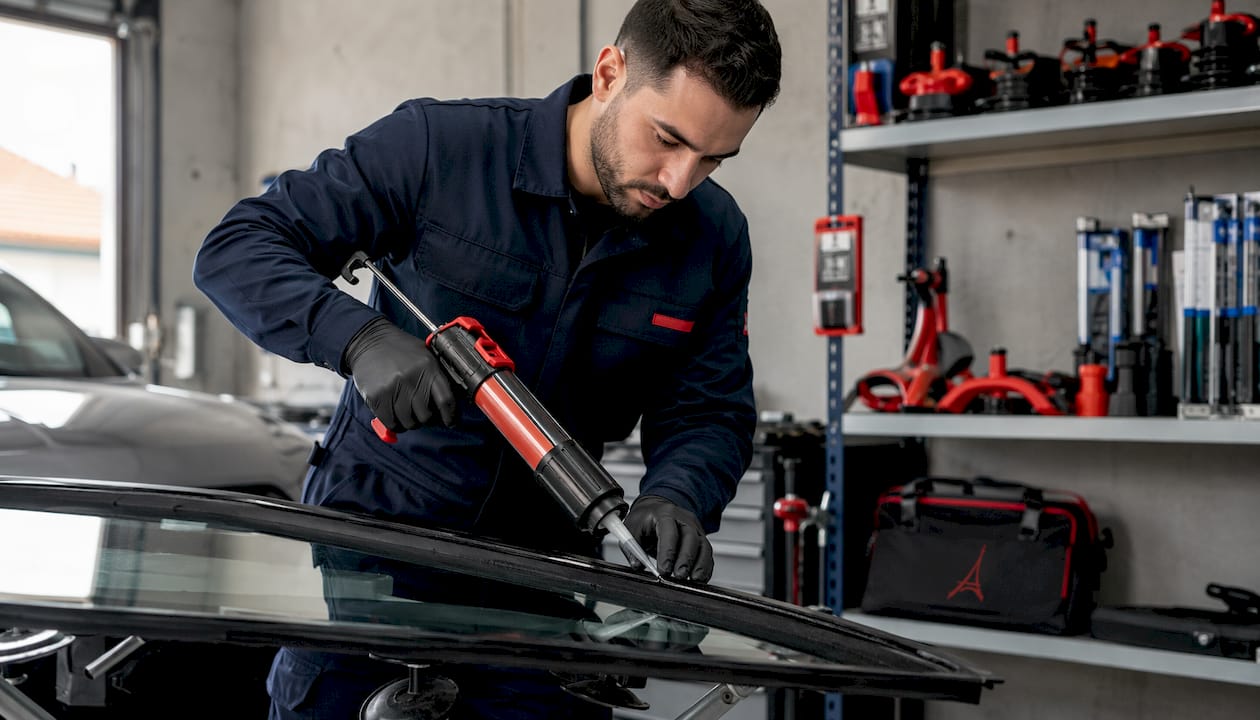 Un technicien applique soigneusement de la colle sur un pare-brise dans l’atelier, préparant ainsi la pose du vitrage.