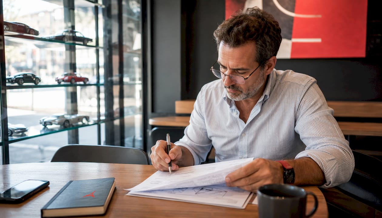 Un expert automobile examine les documents attestant de la conformité du véhicule.