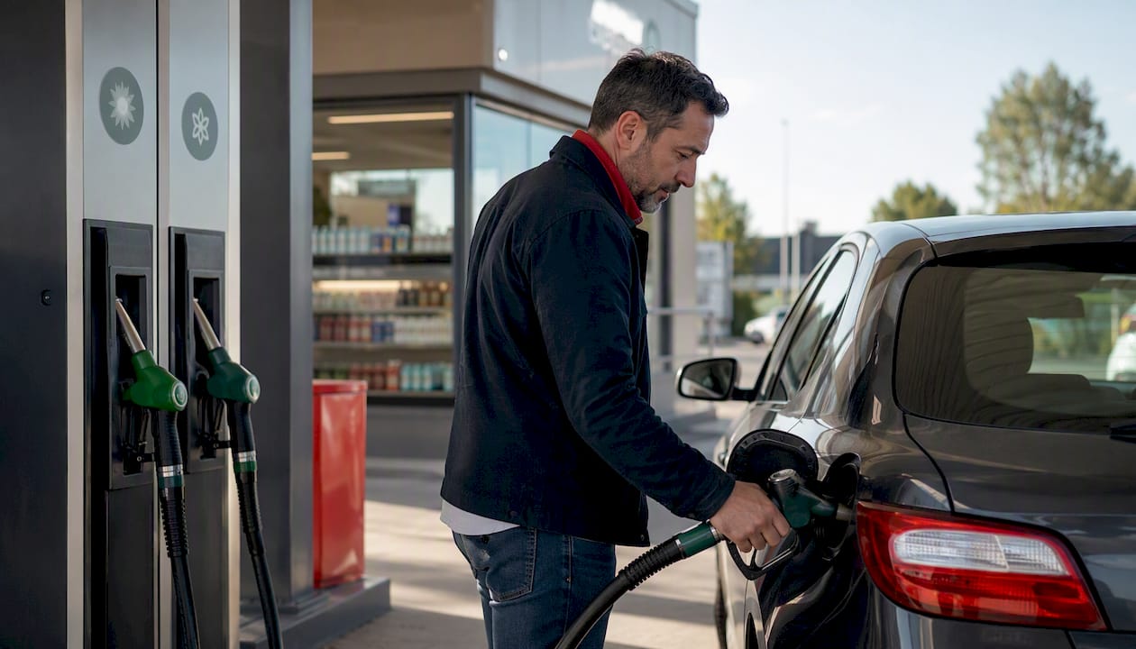 Un homme en train de faire le plein de sa voiture à la station-service.