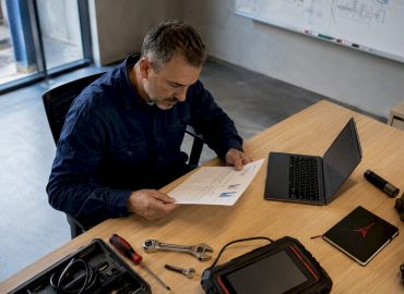 1785572538775_Technician-analyzing-vehicle-fuel-consumption-report Un technicien examine attentivement le rapport de consommation de carburant d’un véhicule afin d’en tirer des enseignements précis.