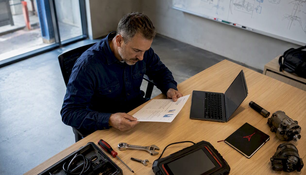 Un technicien examine attentivement le rapport de consommation de carburant d’un véhicule afin d’en tirer des enseignements précis.
