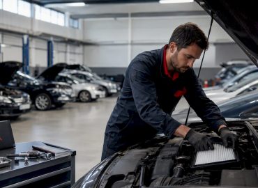 1785661022407_Technician-connecting-ECU-diagnostic-tool-in-garage Un technicien branche une valise de diagnostic sur le calculateur d’un véhicule dans l’atelier.