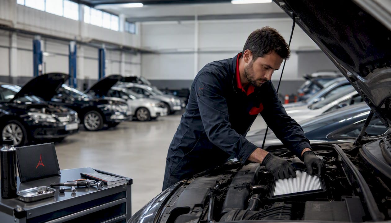 Un technicien branche une valise de diagnostic sur le calculateur d’un véhicule dans l’atelier.