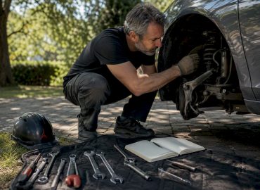 1785745690651_Mecanicien-inspectant-amortisseur-use Un garagiste examine attentivement un amortisseur fatigué pour détecter d’éventuels signes d’usure.
