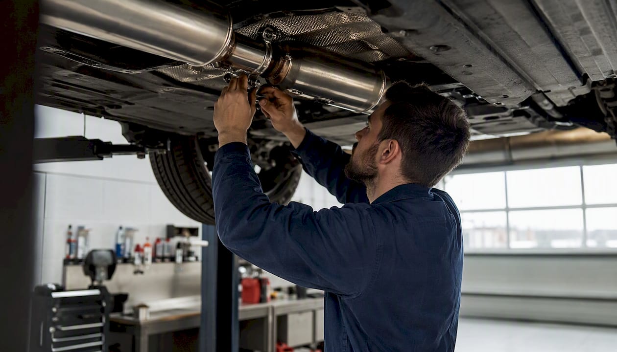 Un professionnel de l’automobile installe un nouvel échappement en inox sous le châssis d’une voiture.
