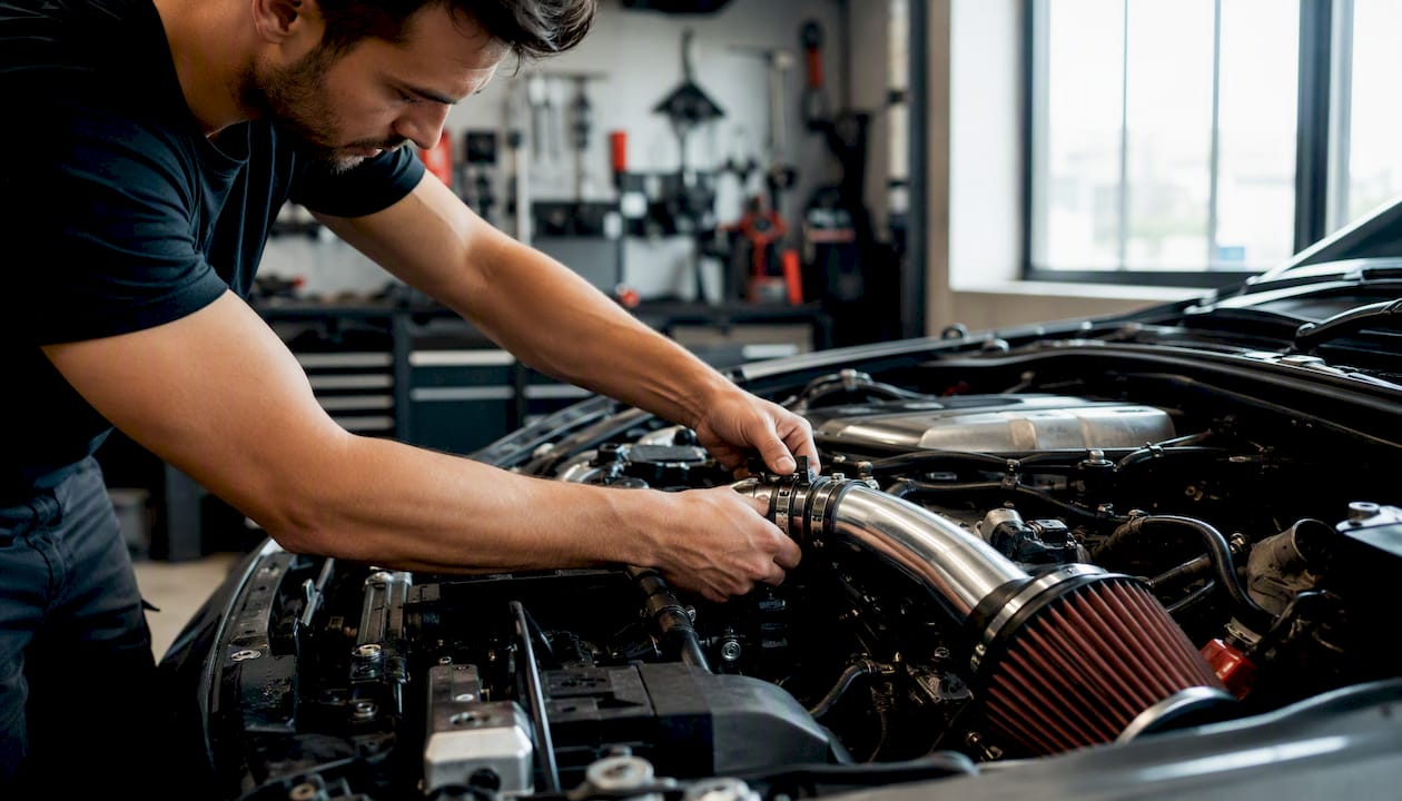 Un technicien procède à l’installation d’une prise d’air dans le compartiment moteur.