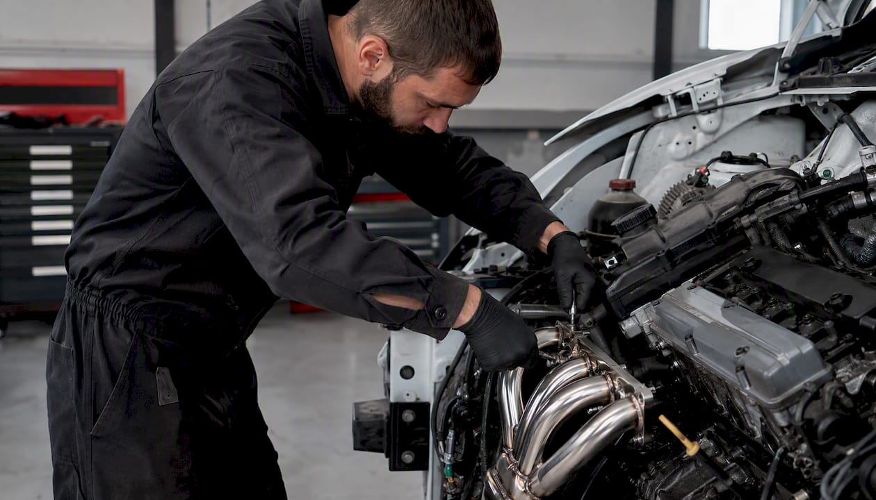 Un technicien procède à la pose d’un collecteur d’échappement sport en inox.