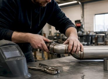 1786366647451_Technician-fitting-stainless-steel-exhaust-pipe Un technicien installe un tuyau d’échappement en inox sur un véhicule.