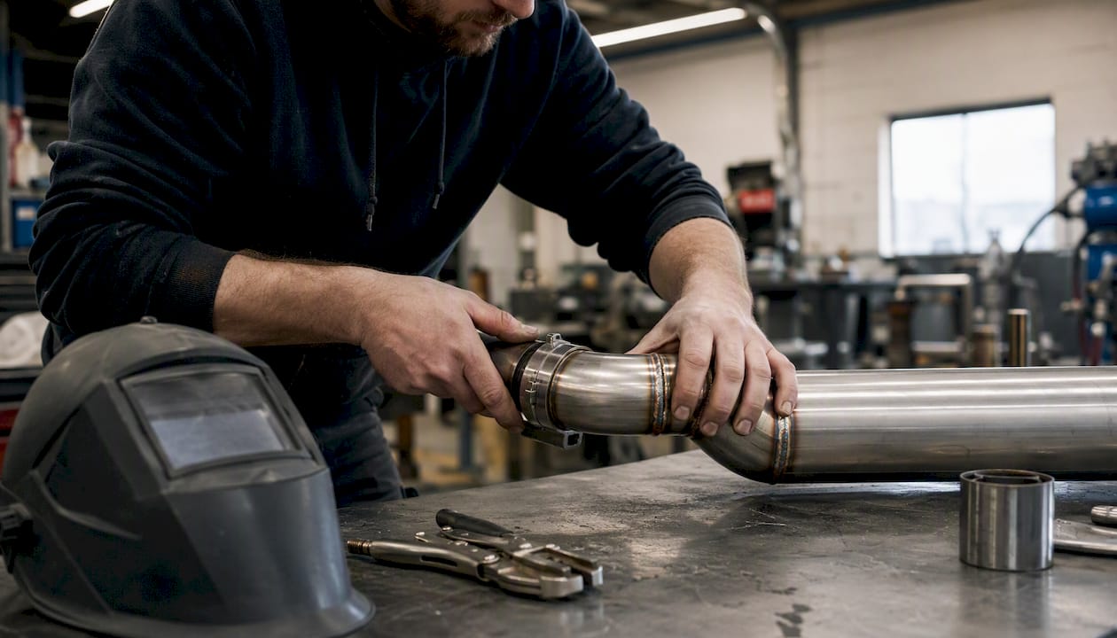Un technicien installe un tuyau d’échappement en inox sur un véhicule.