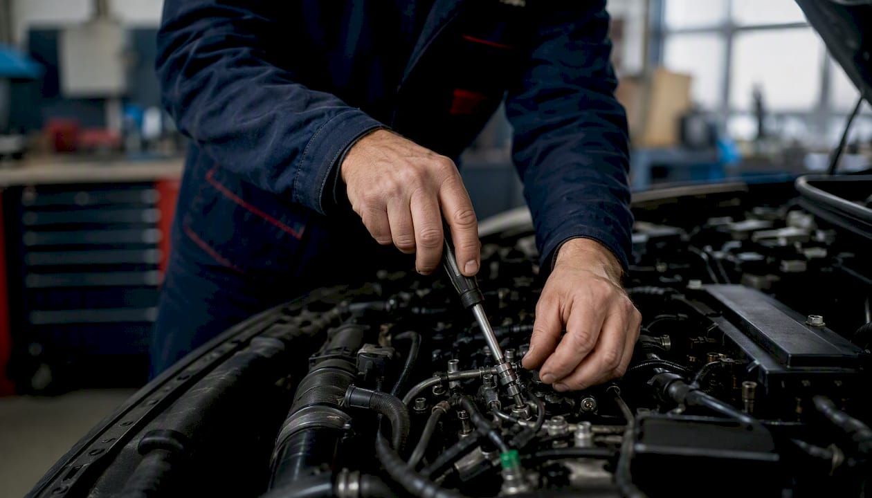 Un technicien procède au réglage du système d’alimentation en carburant du moteur.