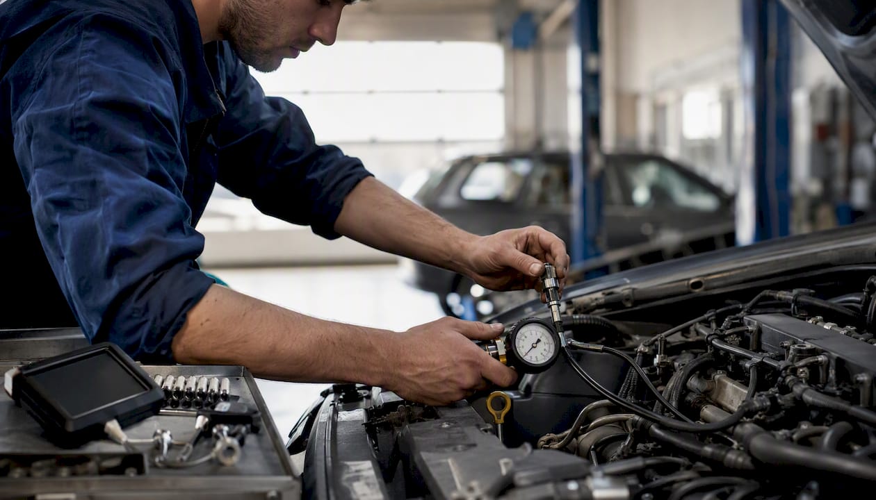 Un technicien inspecte minutieusement l’injecteur de carburant sous le capot d’une voiture.