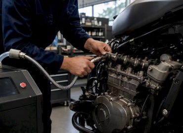 1786962991221_Technician-performing-hydrogen-decarbonization-on-motorcycle-engine Un technicien procède à un nettoyage décarbonisant à l’hydrogène sur le moteur d’une moto.