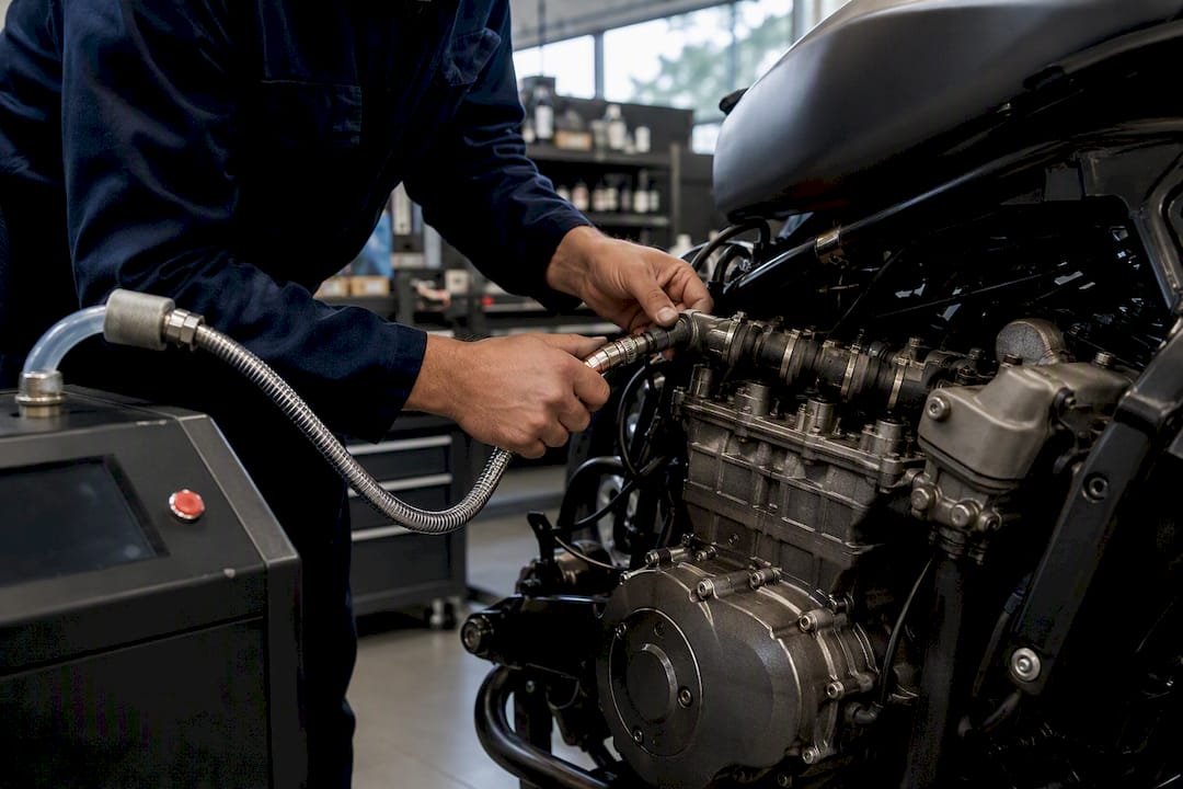 Un technicien procède à un nettoyage décarbonisant à l’hydrogène sur le moteur d’une moto.