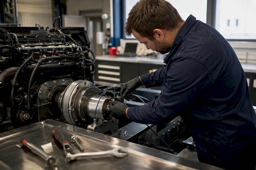 Une main effectue une mesure du couple moteur à l’aide d’un dynamomètre.