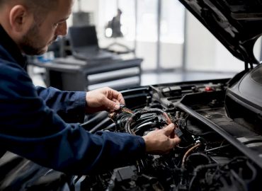 Technicien raccordant le câblage du bus CAN dans un véhicule