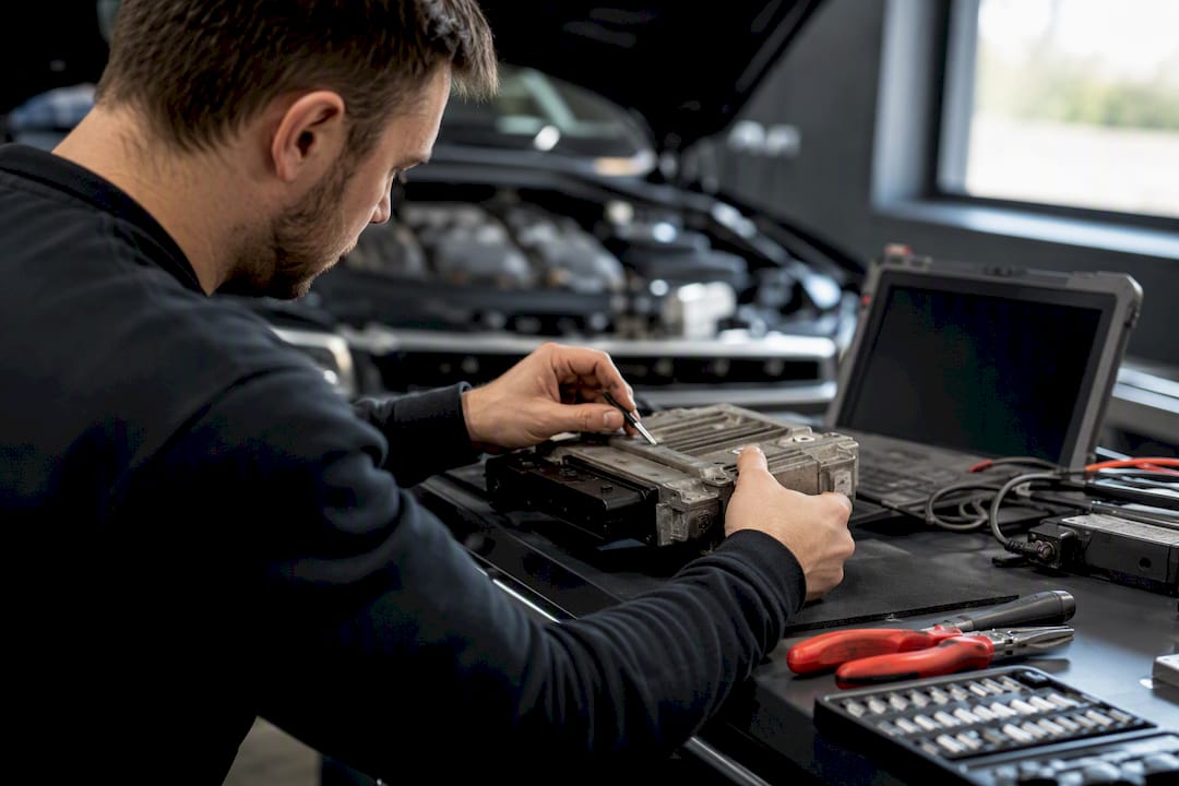 Mains d'un technicien manipulant un boîtier de reprogrammation