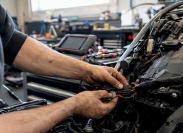 Des mains installant le câblage pour la conversion E85 dans le compartiment moteur
