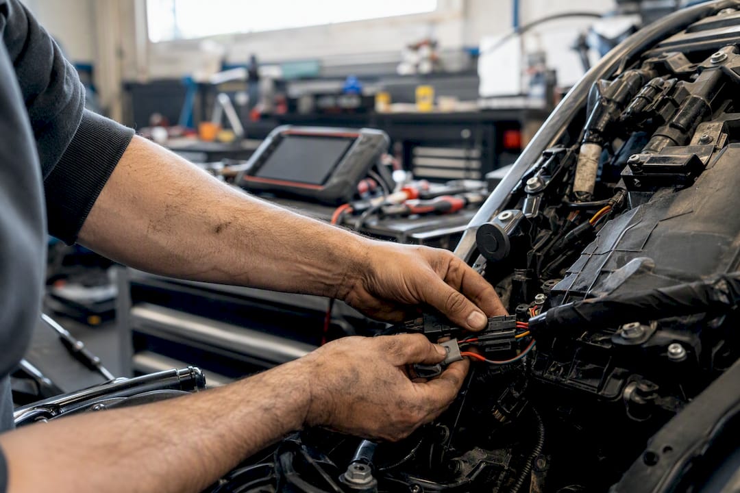 Des mains installant le câblage pour la conversion E85 dans le compartiment moteur