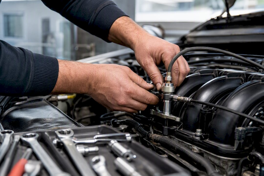 Technicien installant un injecteur d'hydrogène sur l'admission du moteur