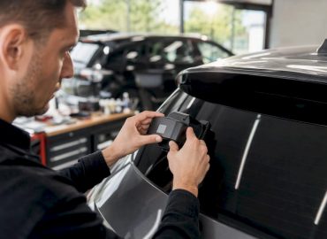 1787915101410_Technician-measuring-car-window-tint-with-device Technicien mesurant la teinte du vitrage d'une voiture avec un appareil