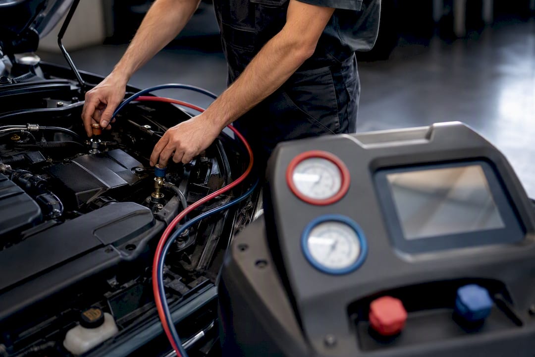 Technicien vérifiant un circuit de climatisation automobile
