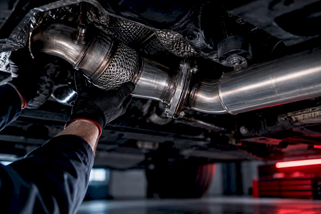 Downpipe examiné sous un véhicule