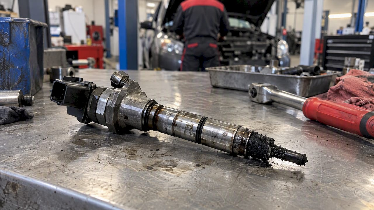 Injecteur diesel retiré avec embout encrassé