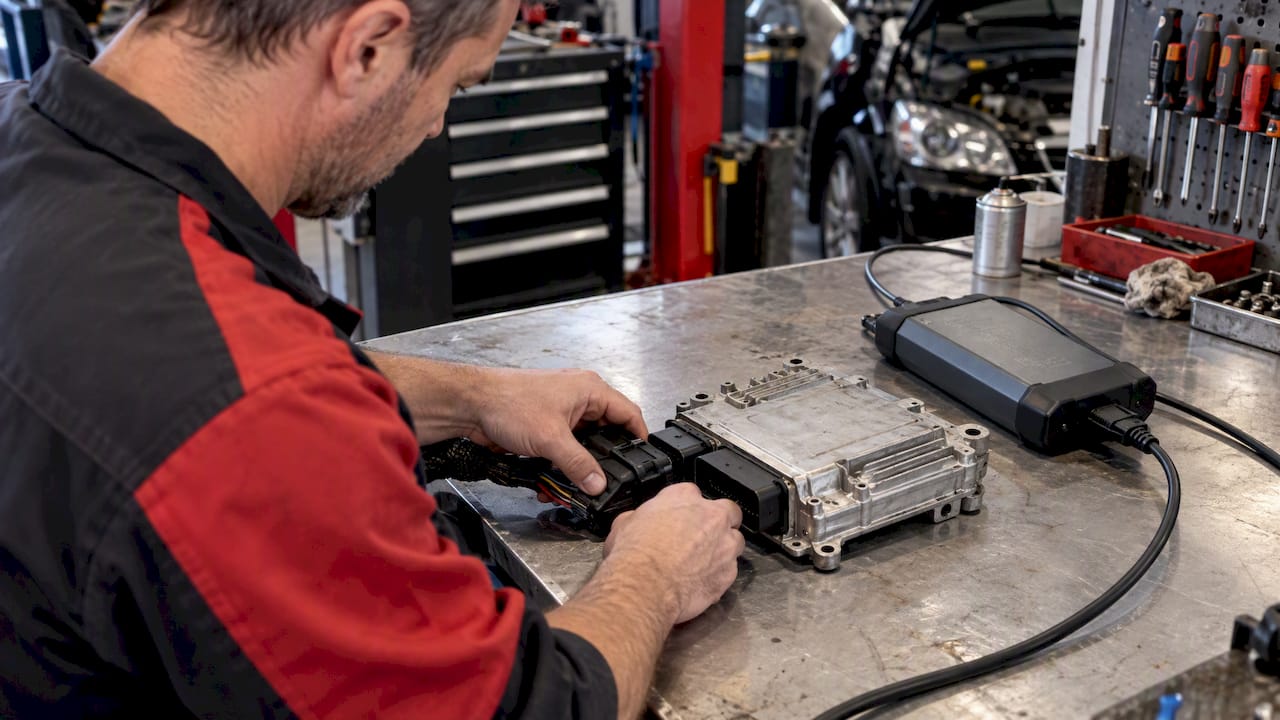 Calculateur moteur connecté à un outil de programmation