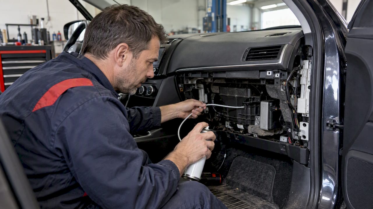 Technicien en train d'effectuer une intervention sur la climatisation