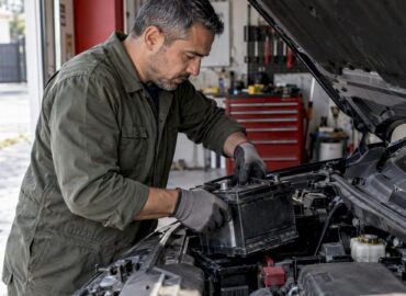 1792677732162_Mecanicien-remplacant-une-batterie-sous-le-capot Un mécanicien change une batterie sous le capot