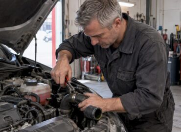 1793283191864_Mecanicien-remplacant-une-durite-de-refroidissement Mécanicien en train de changer une durite de refroidissement